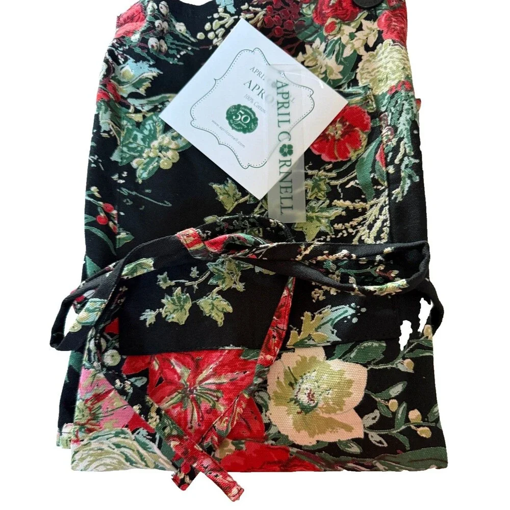 April Cornell Chef Apron Christmas Merry Black French Country Floral 100% Cotton